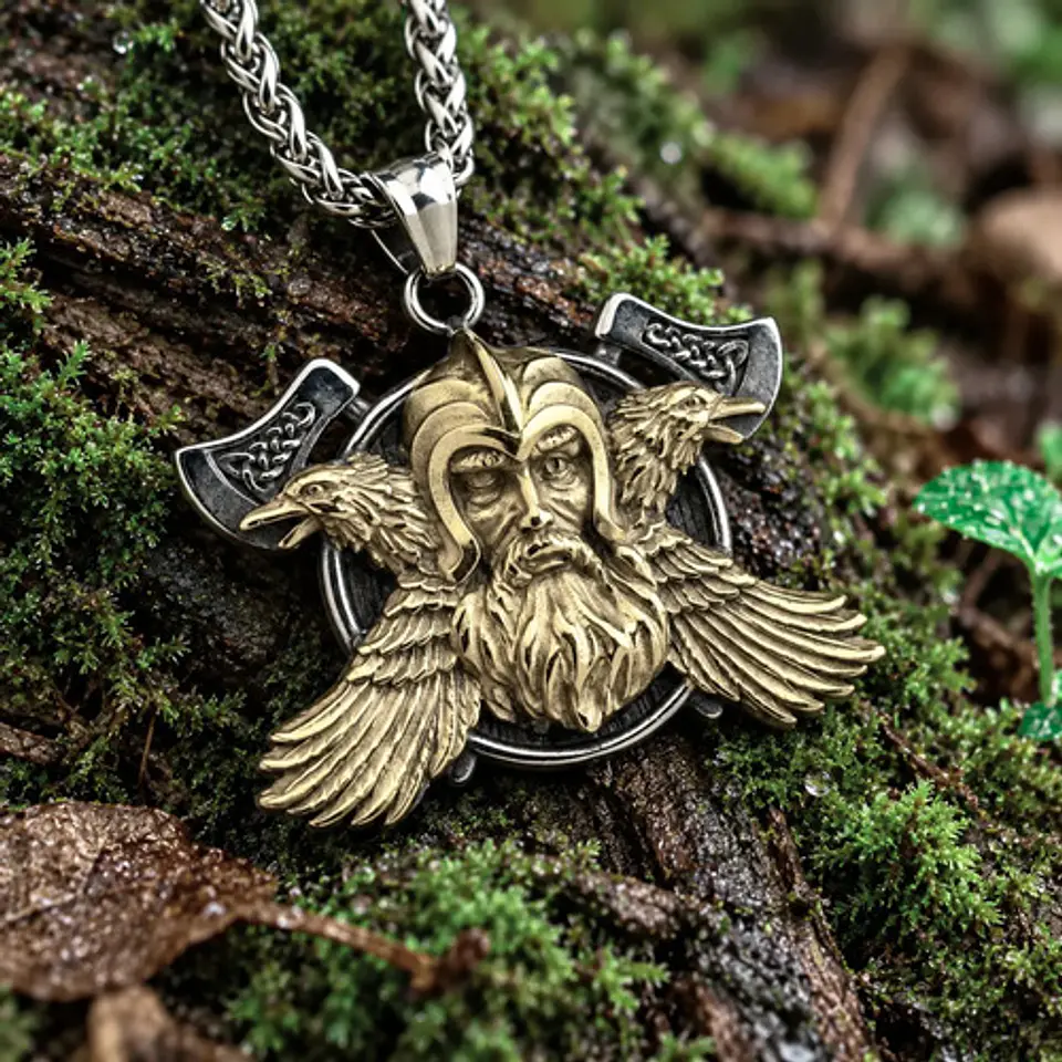 Collar Vikingo En Acero Bicolor Para Hombre Dije Odin Cuervo 3
