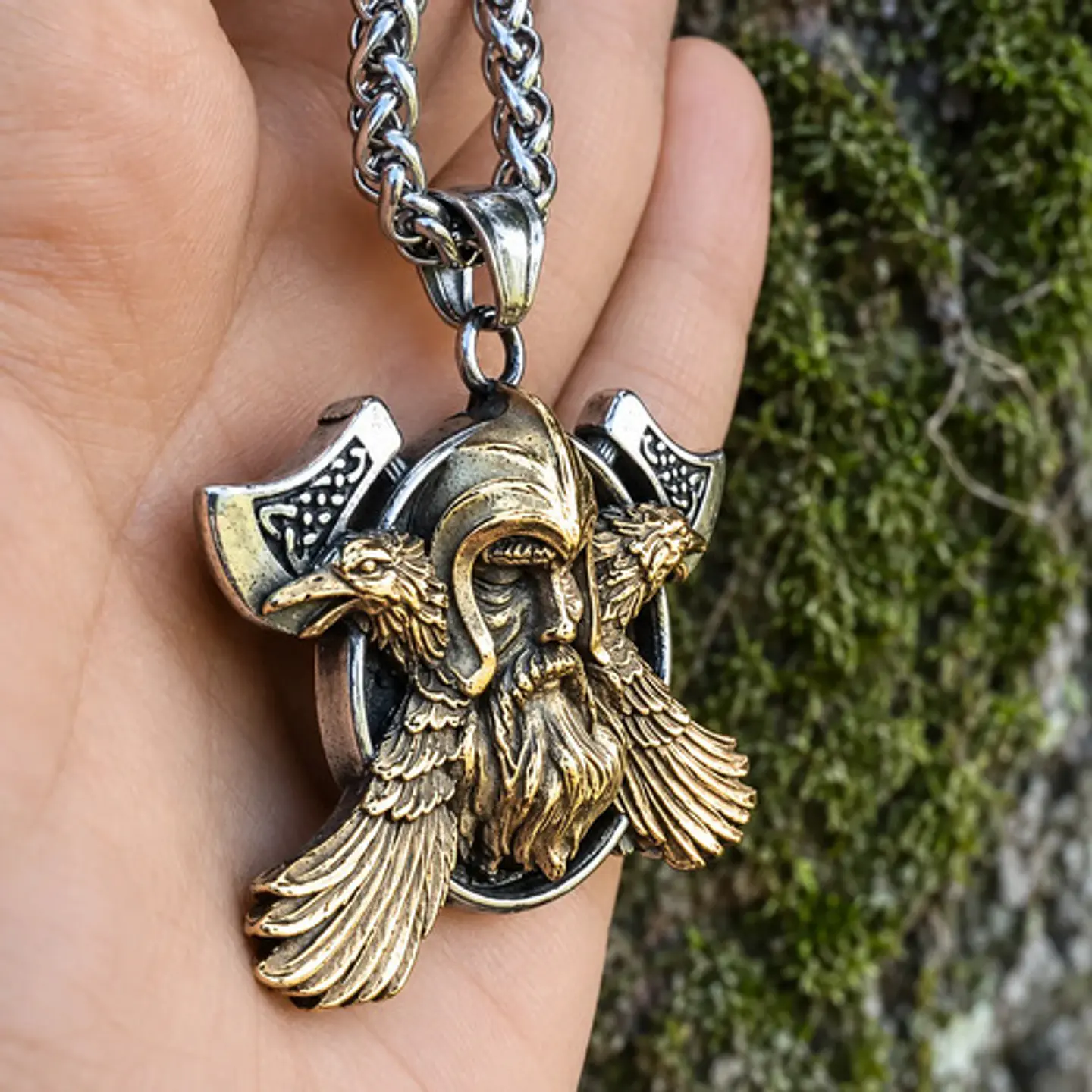 Collar Vikingo En Acero Bicolor Para Hombre Dije Odin Cuervo 5