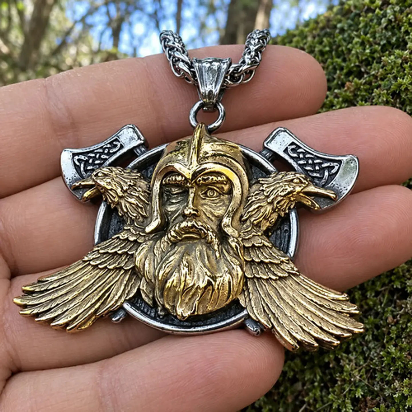 Collar Vikingo En Acero Bicolor Para Hombre Dije Odin Cuervo 7