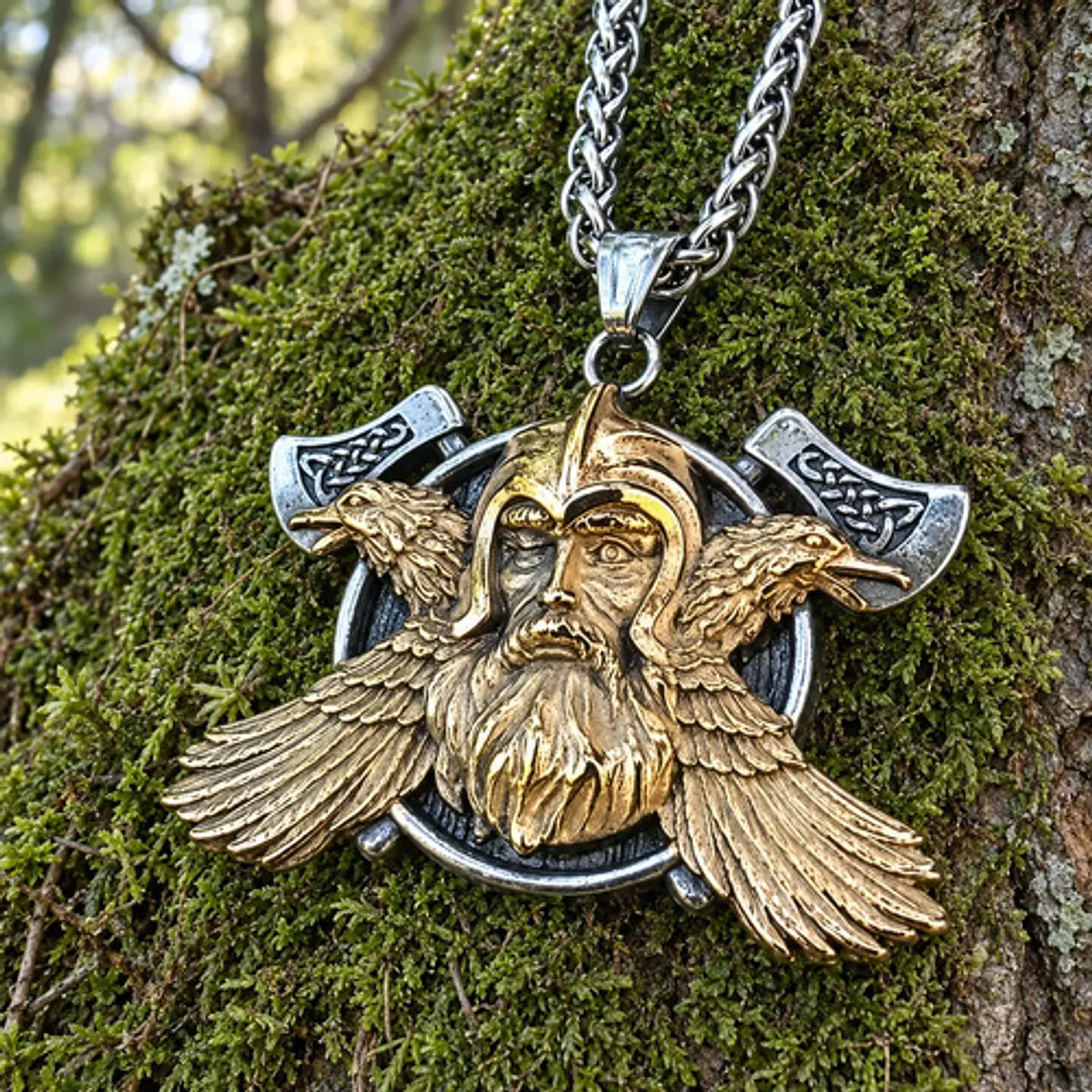 Collar Vikingo En Acero Bicolor Para Hombre Dije Odin Cuervo 10