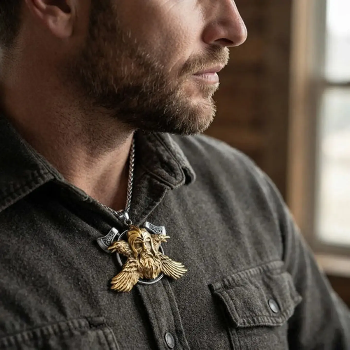 Collar Vikingo En Acero Bicolor Para Hombre Dije Odin Cuervo 11