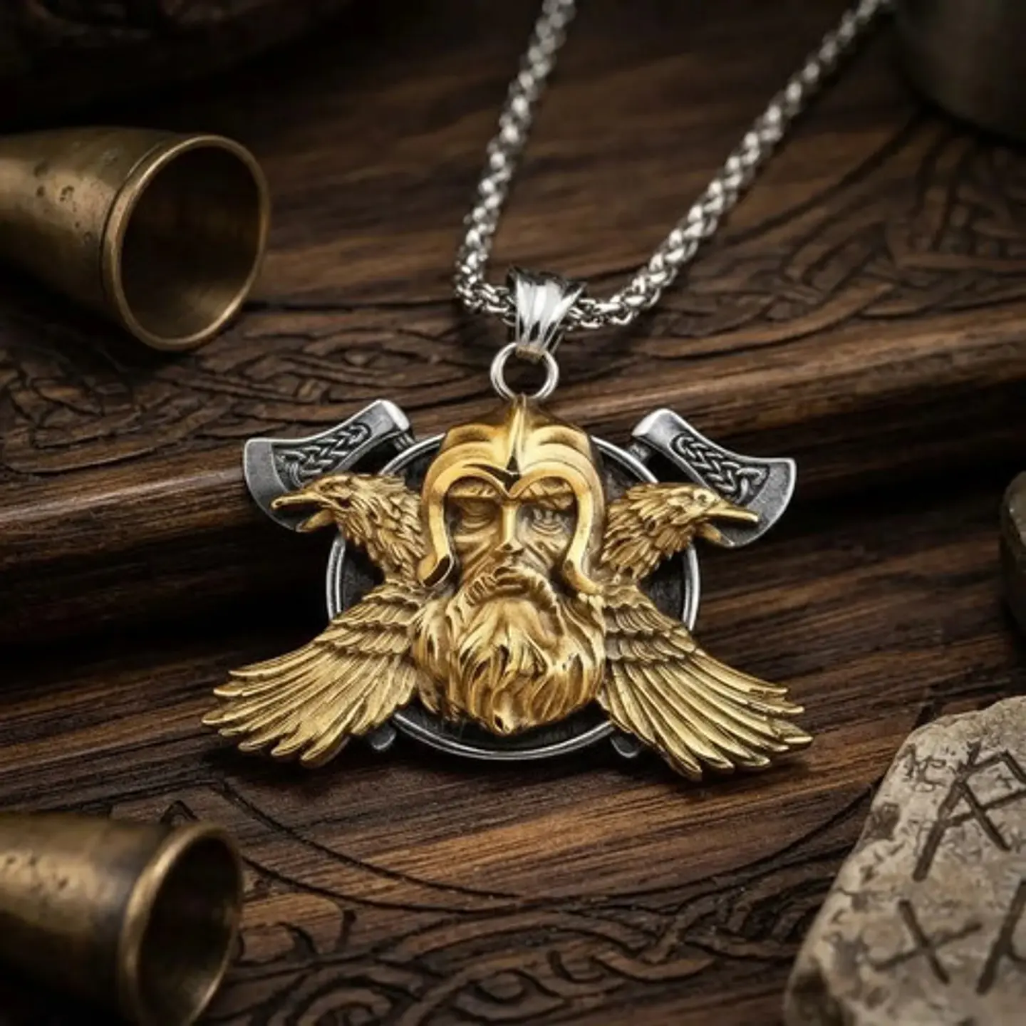 Collar Vikingo En Acero Bicolor Para Hombre Dije Odin Cuervo 12