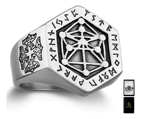 Anillo Acero Color Plata Vikingo Punk Brújula Runas Hombre
