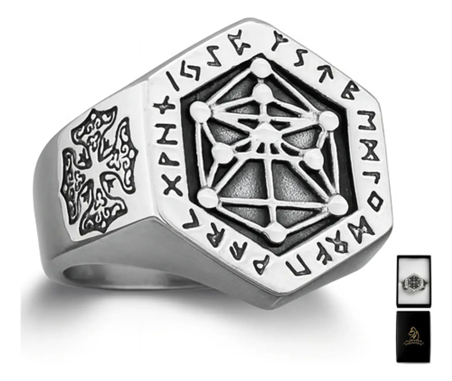 Anillo Acero Color Plata Vikingo Punk Brújula Runas Hombre 1