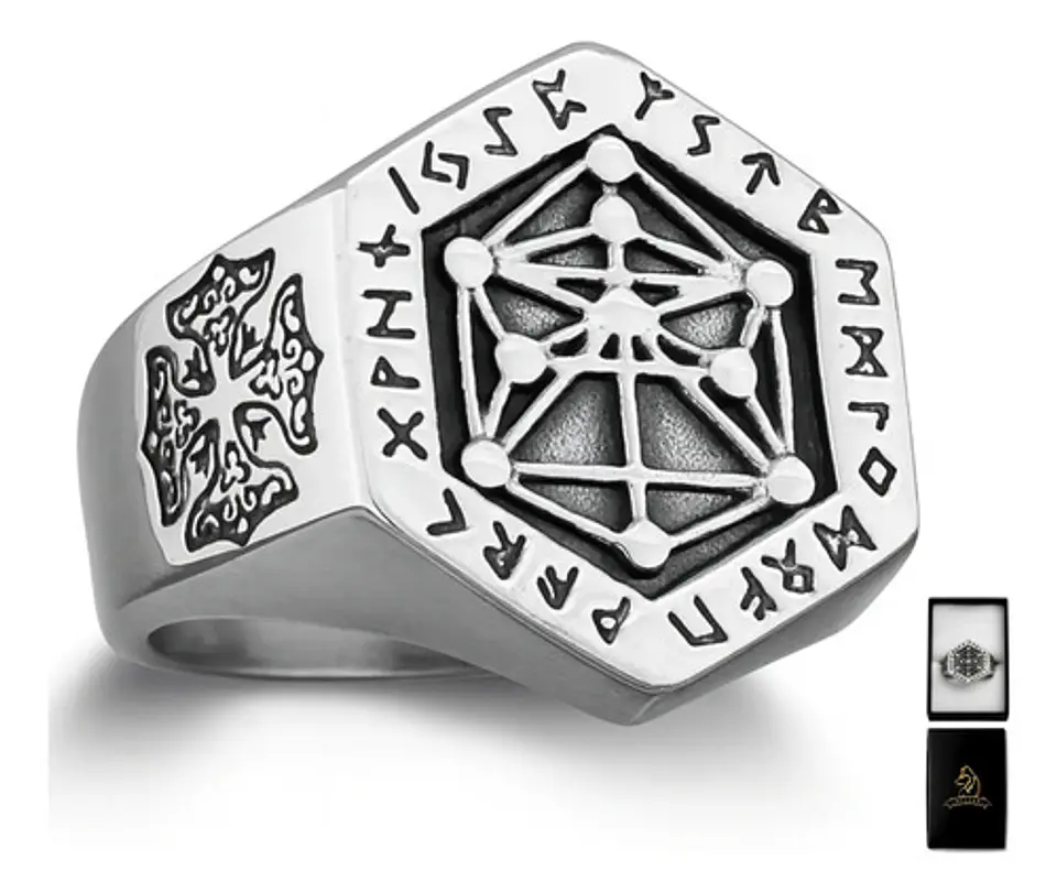 Anillo Acero Color Plata Vikingo Punk Brújula Runas Hombre 1