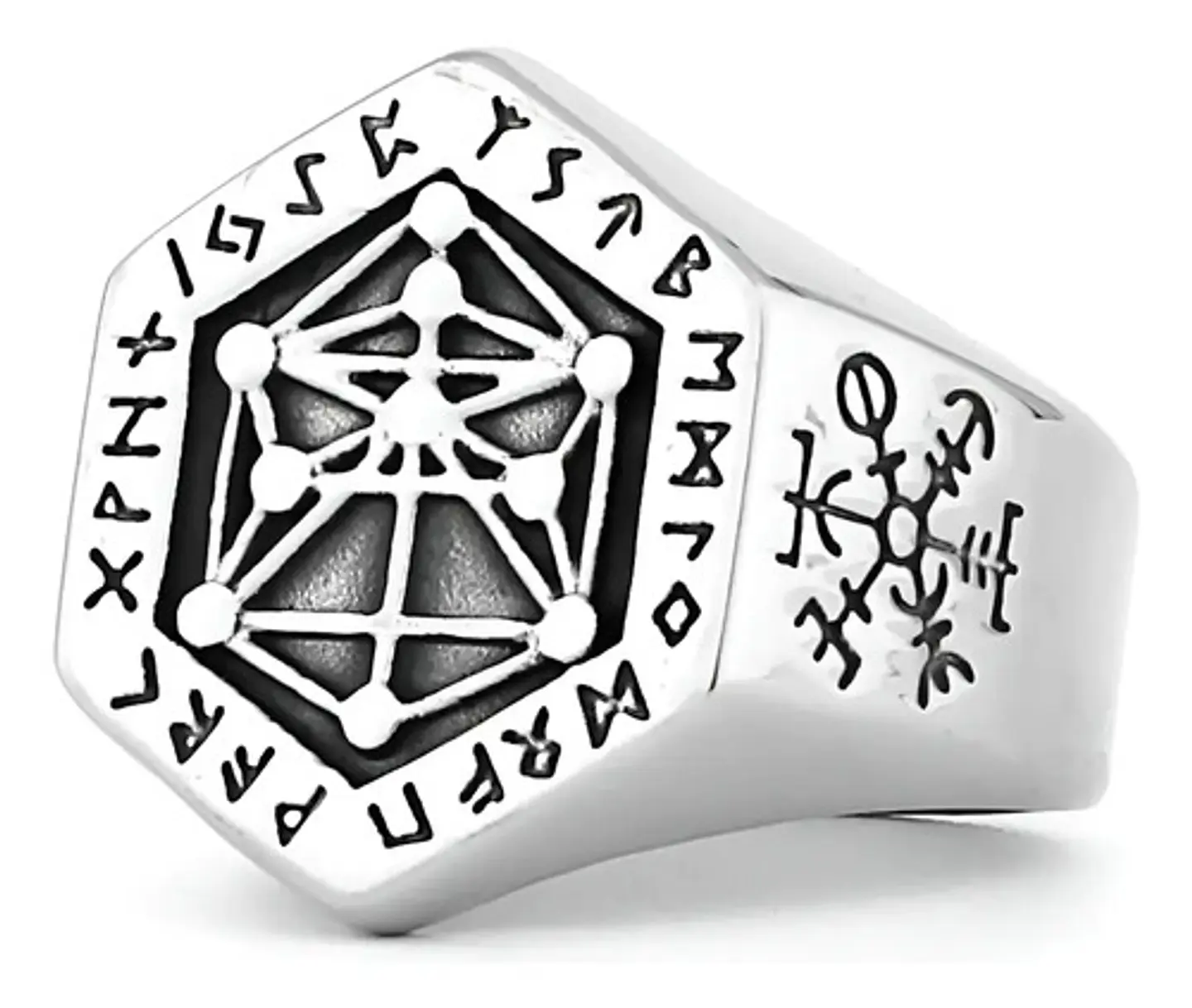 Anillo Acero Color Plata Vikingo Punk Brújula Runas Hombre 2