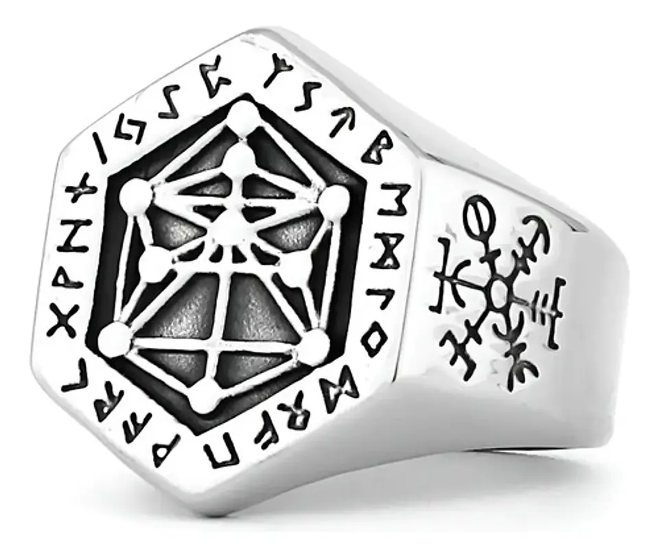 Anillo Acero Color Plata Vikingo Punk Brújula Runas Hombre 2
