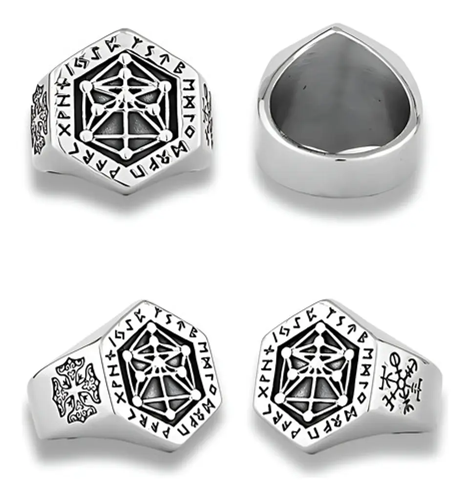 Anillo Acero Color Plata Vikingo Punk Brújula Runas Hombre 3