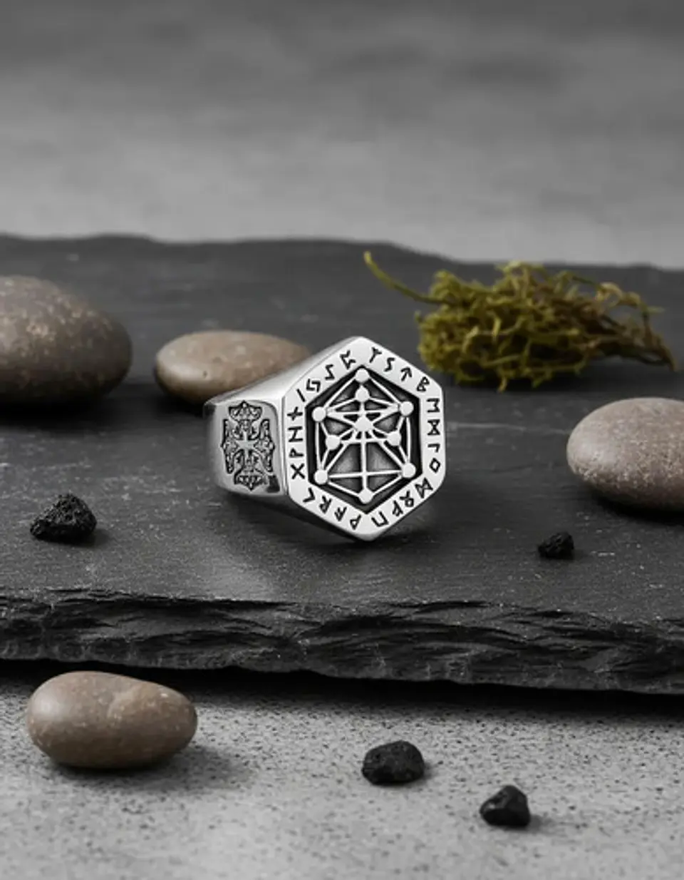 Anillo Acero Color Plata Vikingo Punk Brújula Runas Hombre 6