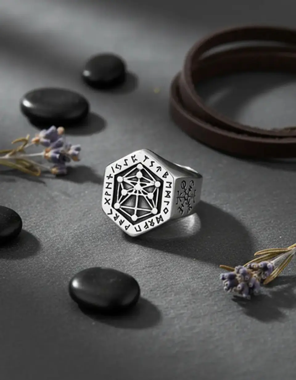 Anillo Acero Color Plata Vikingo Punk Brújula Runas Hombre 7