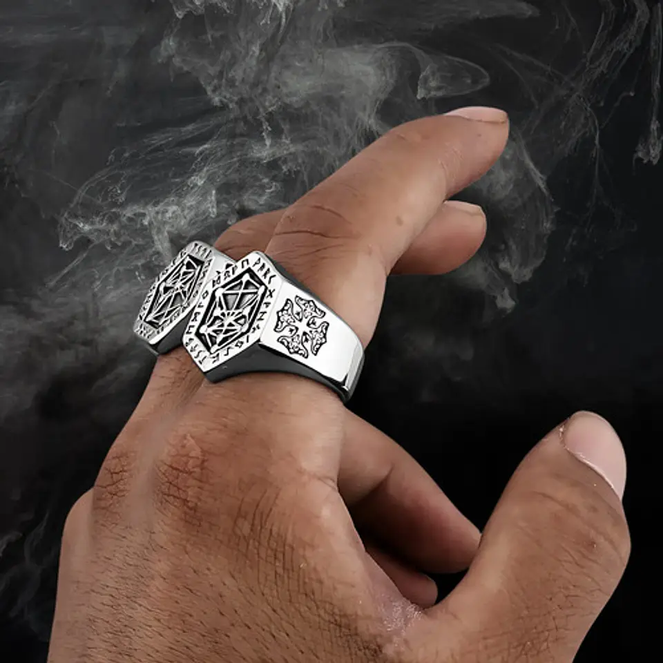 Anillo Acero Color Plata Vikingo Punk Brújula Runas Hombre 8
