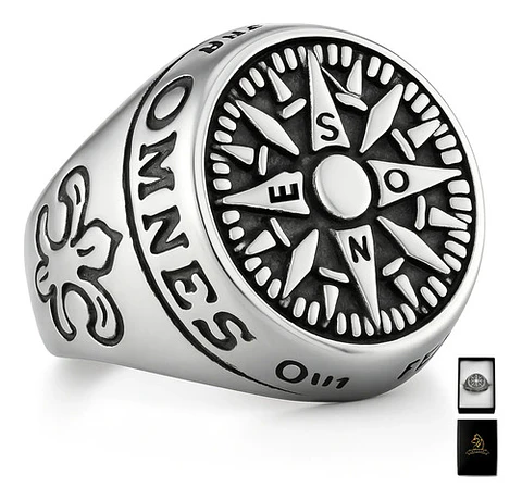 Anillo Acero Color Plata Punk Biker Brújula Náutico Hombre