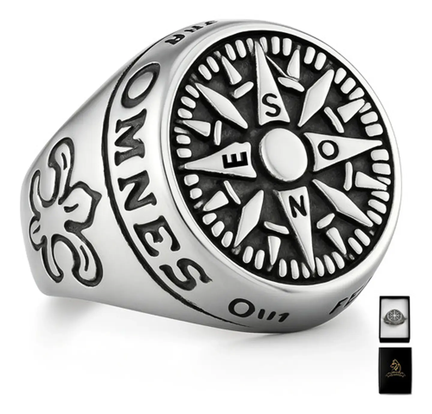Anillo Acero Color Plata Punk Biker Brújula Náutico Hombre 1