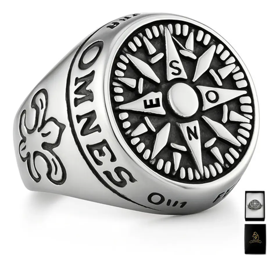 Anillo Acero Color Plata Punk Biker Brújula Náutico Hombre 1