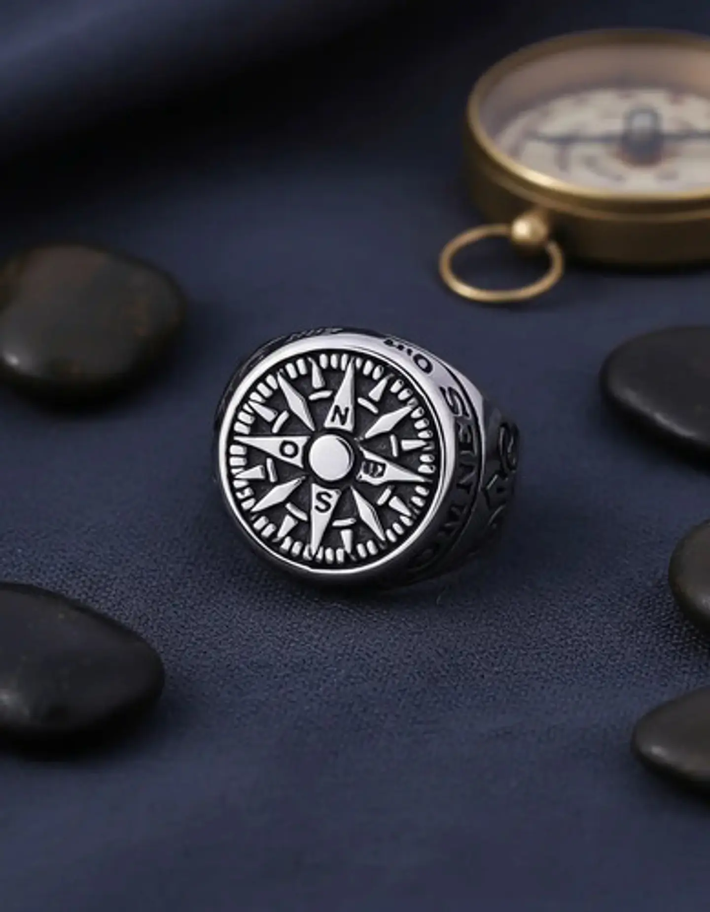 Anillo Acero Color Plata Punk Biker Brújula Náutico Hombre 9