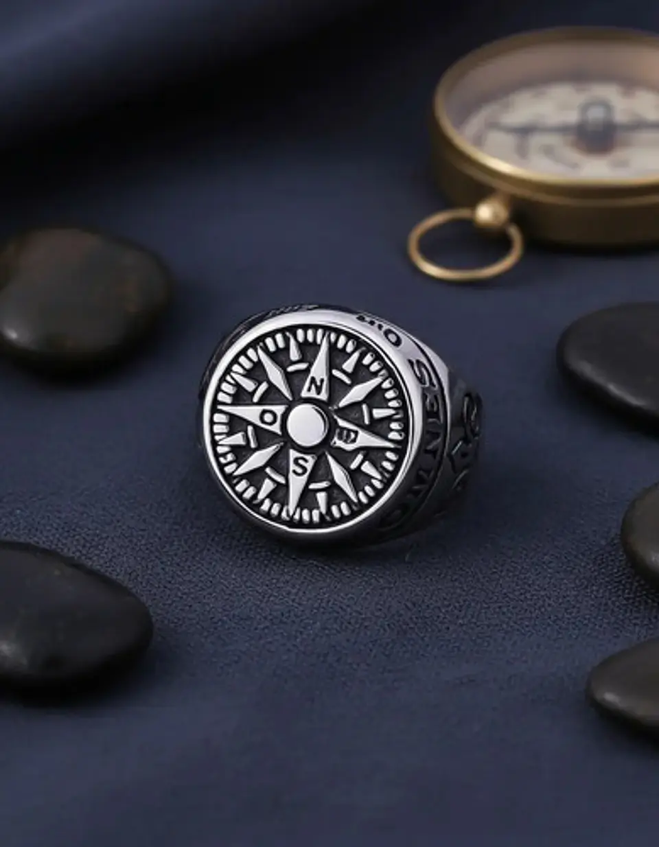 Anillo Acero Color Plata Punk Biker Brújula Náutico Hombre 9