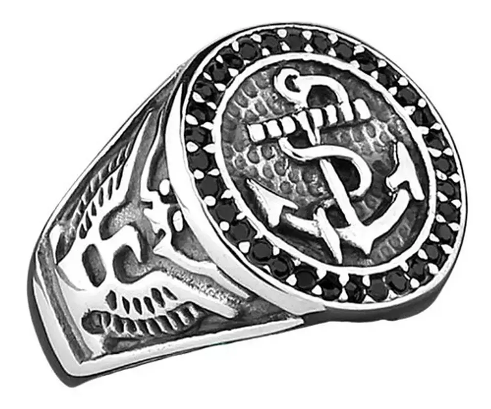 Anillo Acero Color Plata Marina Militar Ancla Piedras Hombre 1