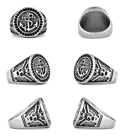 Anillo Acero Color Plata Marina Militar Ancla Piedras Hombre