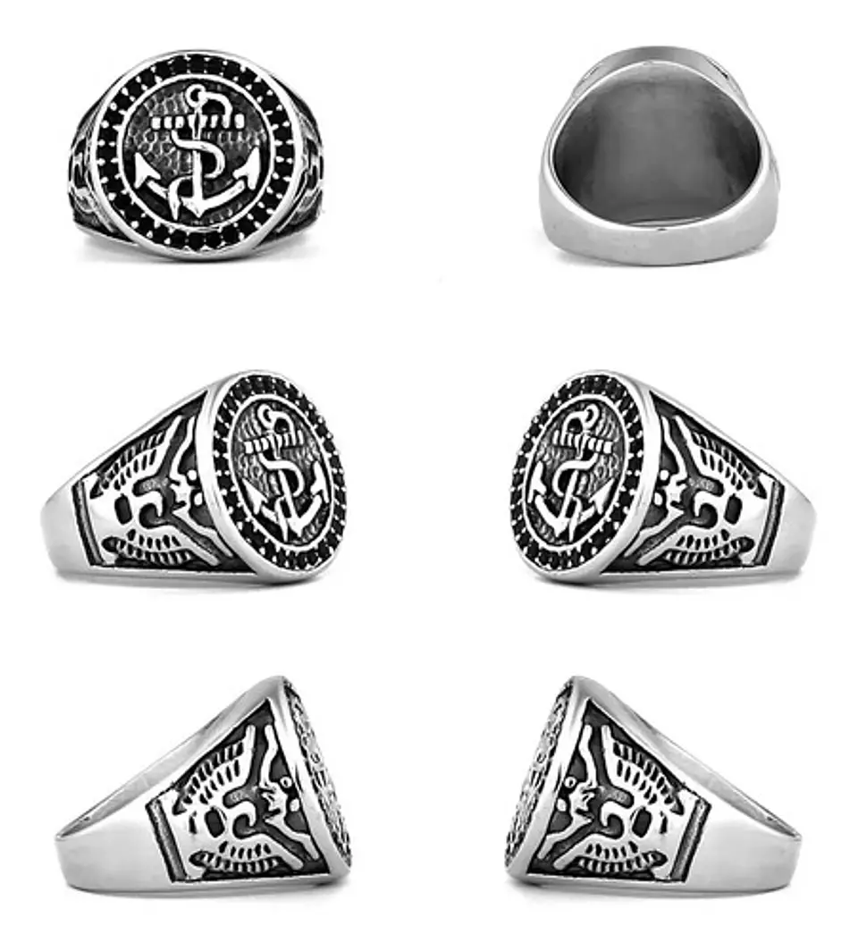 Anillo Acero Color Plata Marina Militar Ancla Piedras Hombre 2