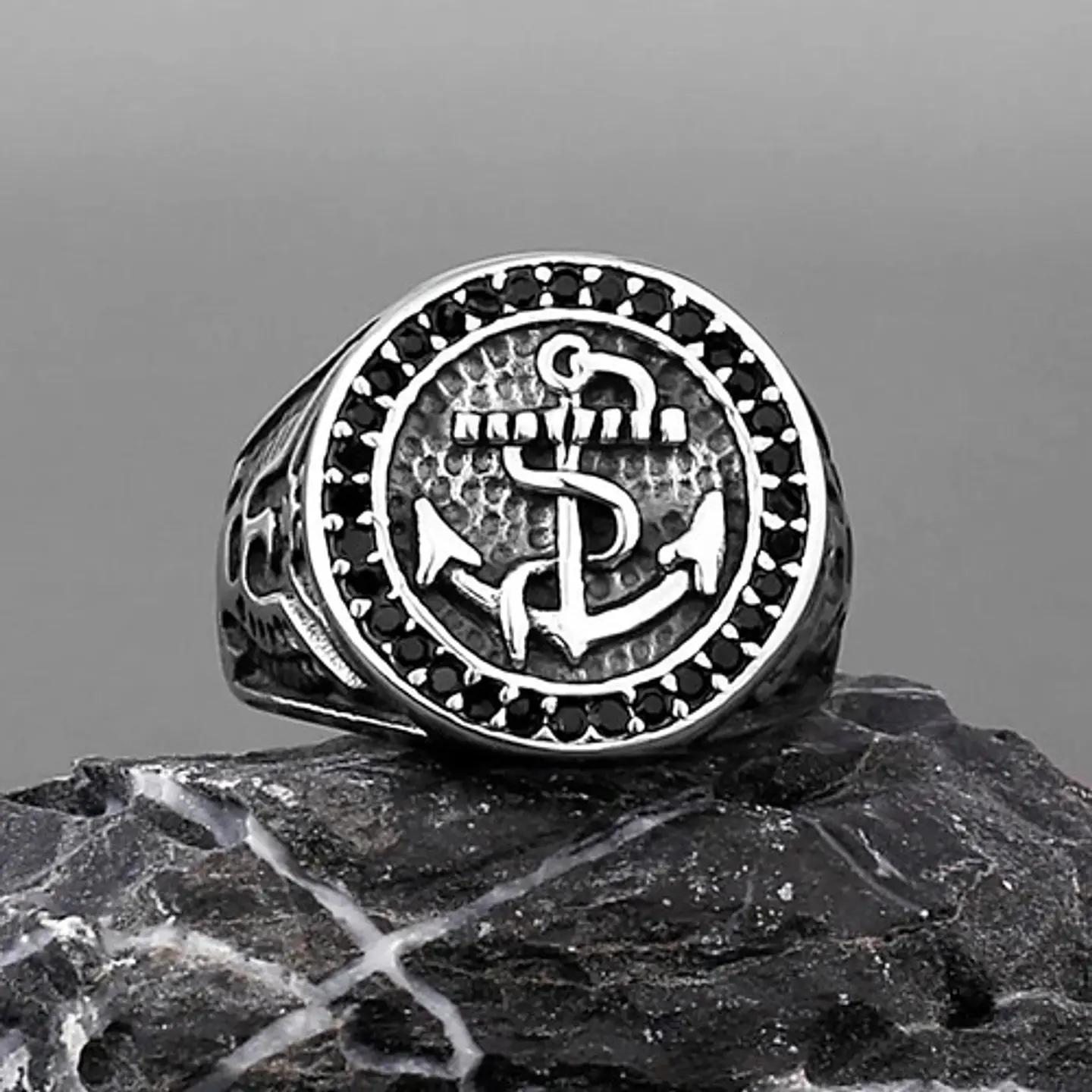 Anillo Acero Color Plata Marina Militar Ancla Piedras Hombre 3