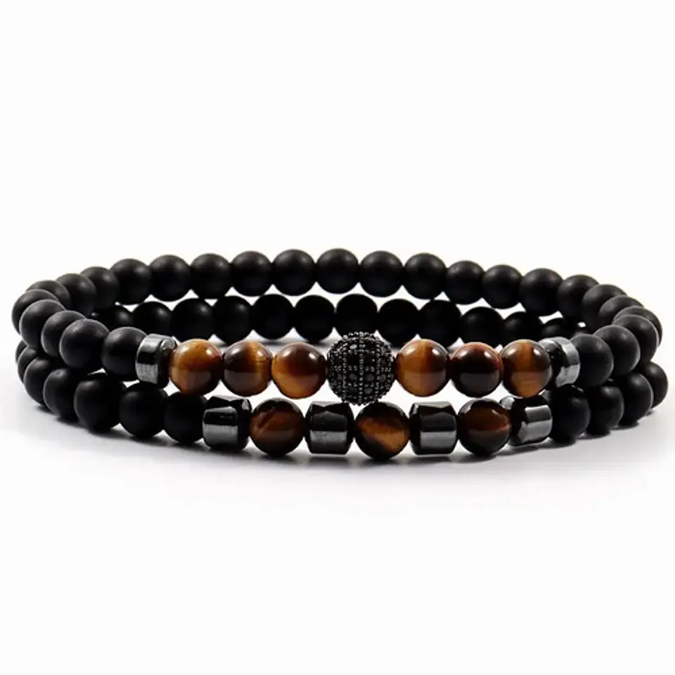 2 Manillas Pulsera Piedra Natural Hematita Ojo Tigre Hombre 1