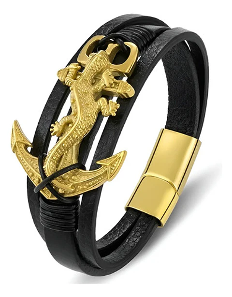 Pulsera Para Hombre De Cuero Y Acero Dije Ancla Iguana Gecko
