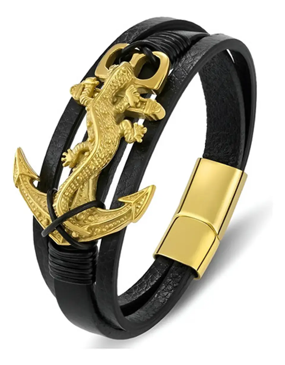 Pulsera Para Hombre De Cuero Y Acero Dije Ancla Iguana Gecko 1