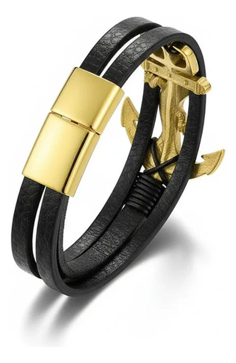 Pulsera Para Hombre De Cuero Y Acero Dije Ancla Iguana Gecko