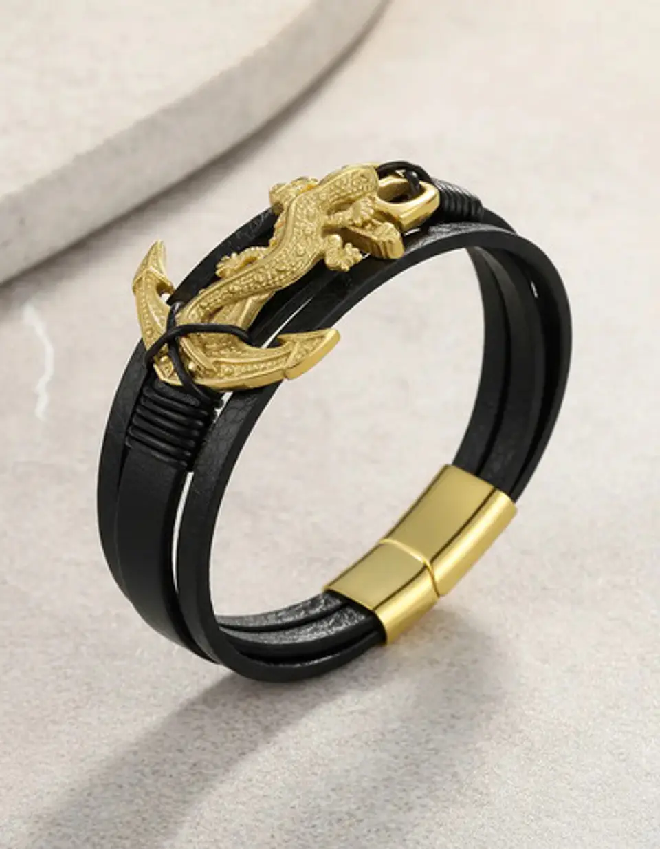 Pulsera Para Hombre De Cuero Y Acero Dije Ancla Iguana Gecko 4