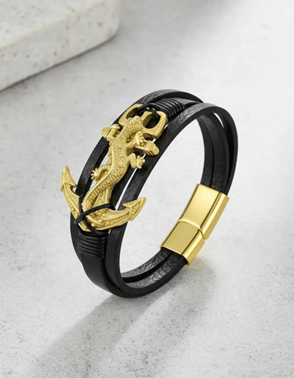 Pulsera Para Hombre De Cuero Y Acero Dije Ancla Iguana Gecko 5