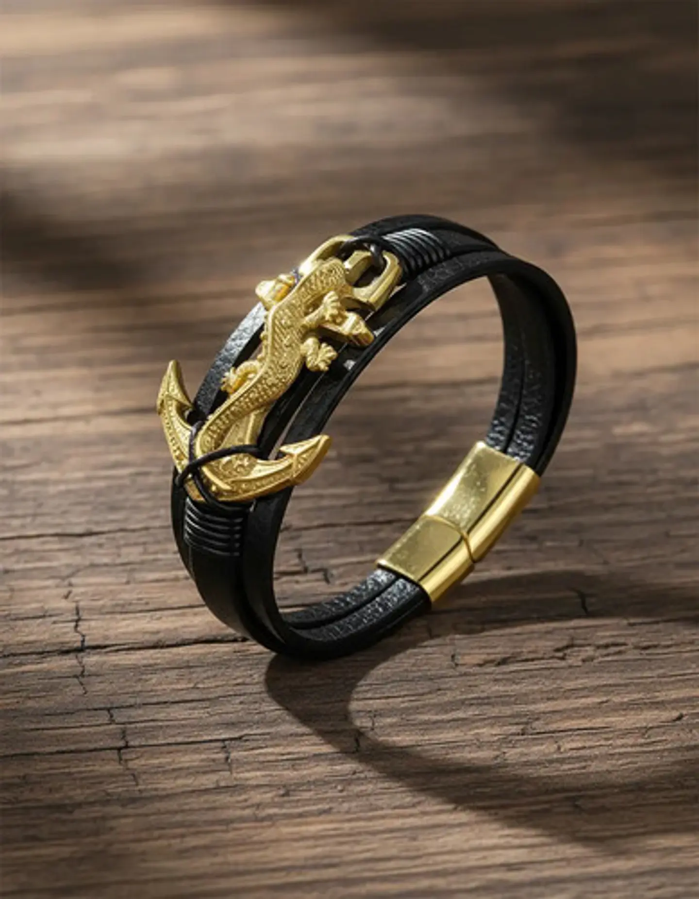 Pulsera Para Hombre De Cuero Y Acero Dije Ancla Iguana Gecko 9