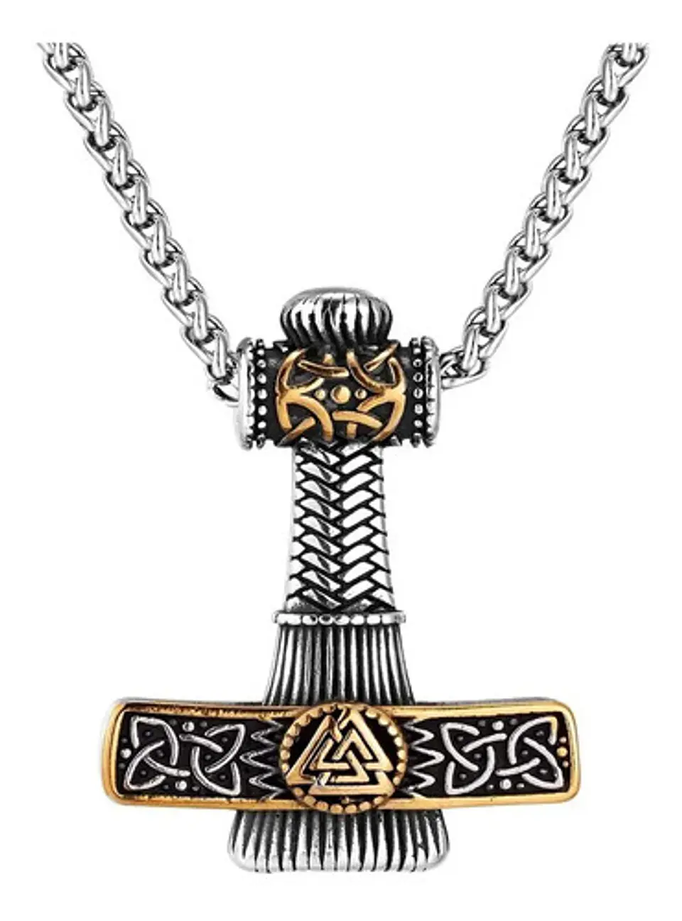 Collar Vikingo Valknut Thor Martillo Color Oro Acero Hombre 1
