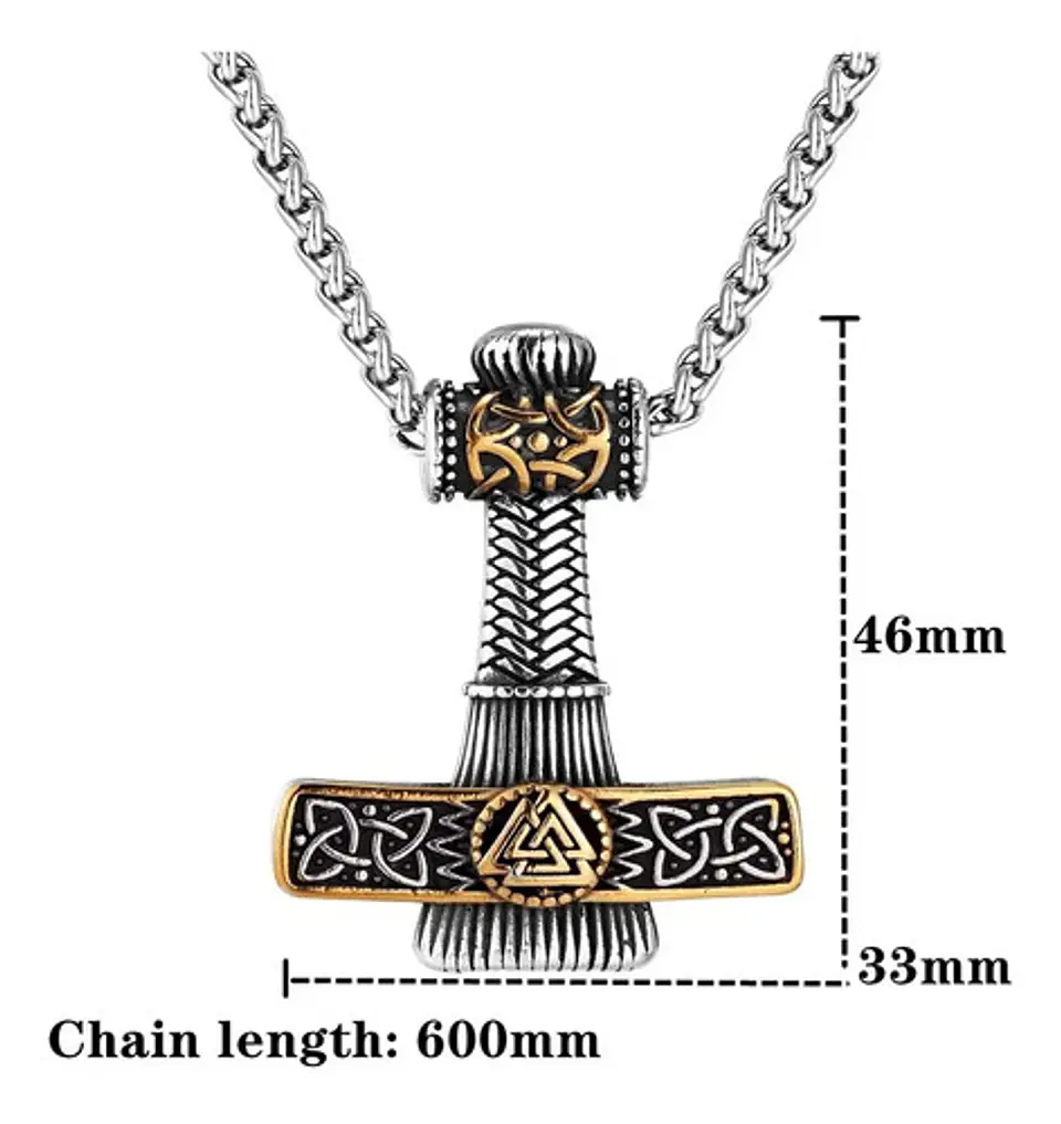 Collar Vikingo Valknut Thor Martillo Color Oro Acero Hombre 3