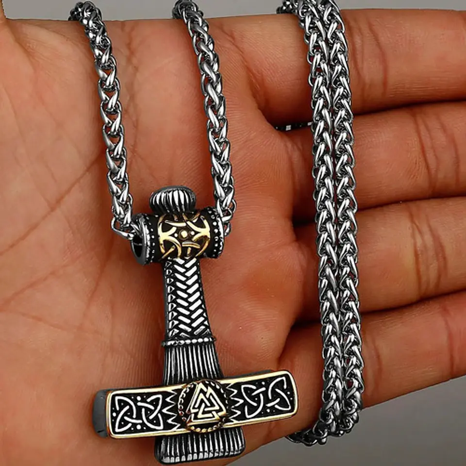 Collar Vikingo Valknut Thor Martillo Color Oro Acero Hombre 4