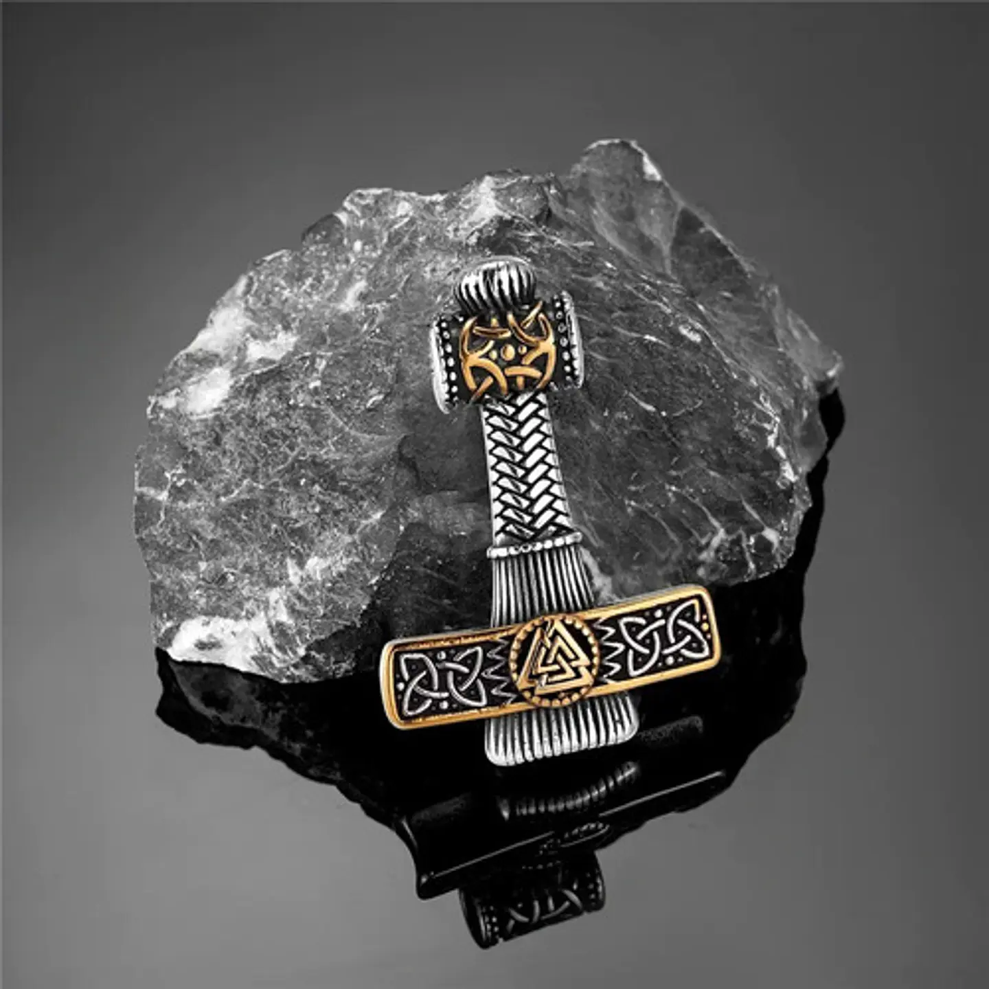 Collar Vikingo Valknut Thor Martillo Color Oro Acero Hombre 7