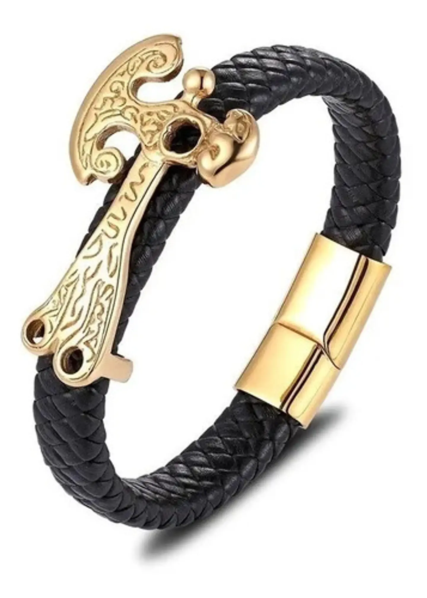 Pulsera Hombre Cuero Trenzado Acero Hacha Dragón Color Oro 3