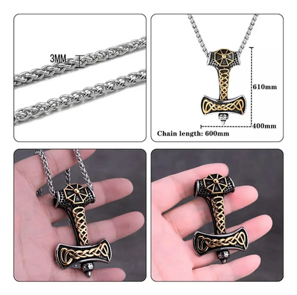 Collar Vikingo Thor Amuleto Nudo Color Oro Acero Para Hombre 2