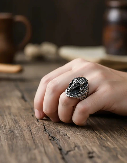 Anillo Acero Vikingo Color Plata Cuervo Nórdico Odin Hombre