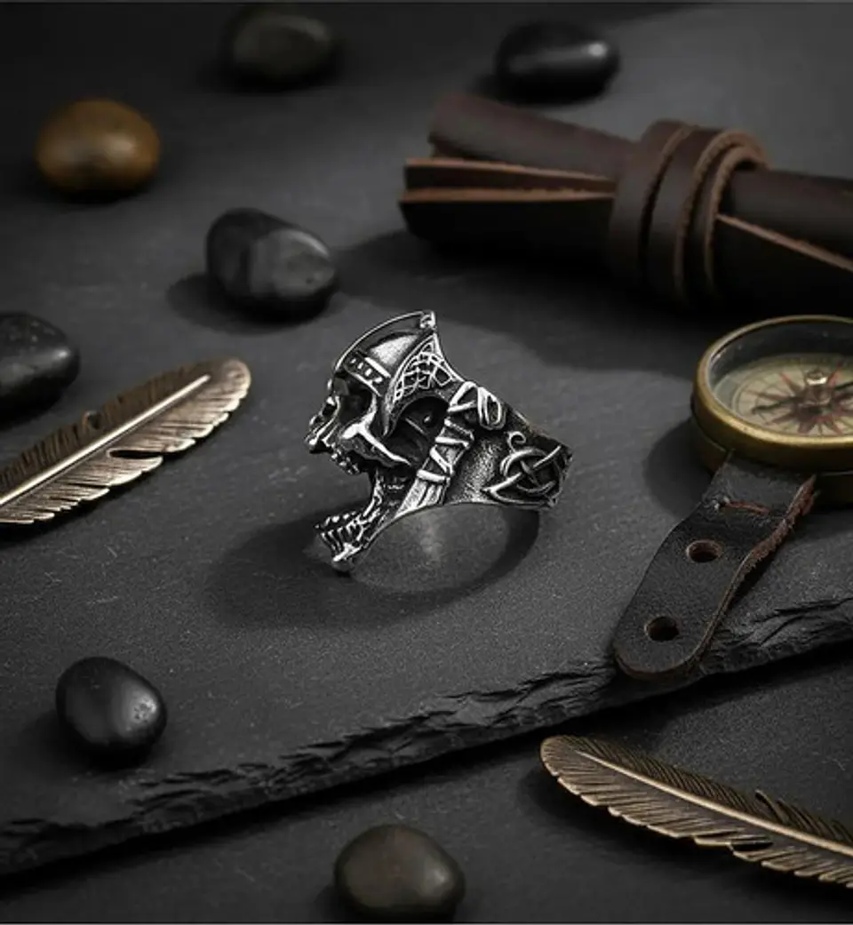 Anillo Acero Calavera Vikingo Craneo Color Plata Para Hombre 6