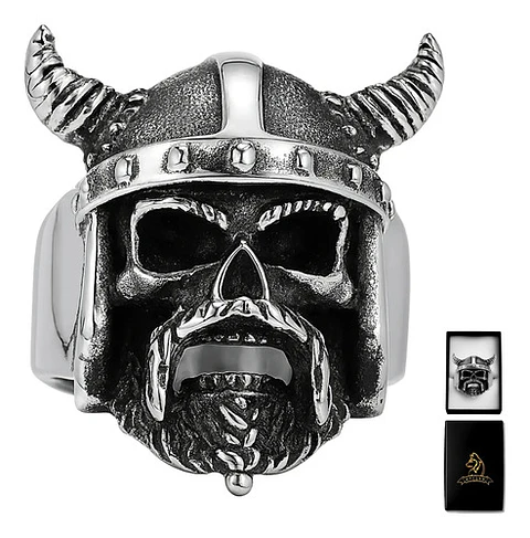 Anillo Para Hombre Cráneo Vikingo Cuernos Acero Color Plata