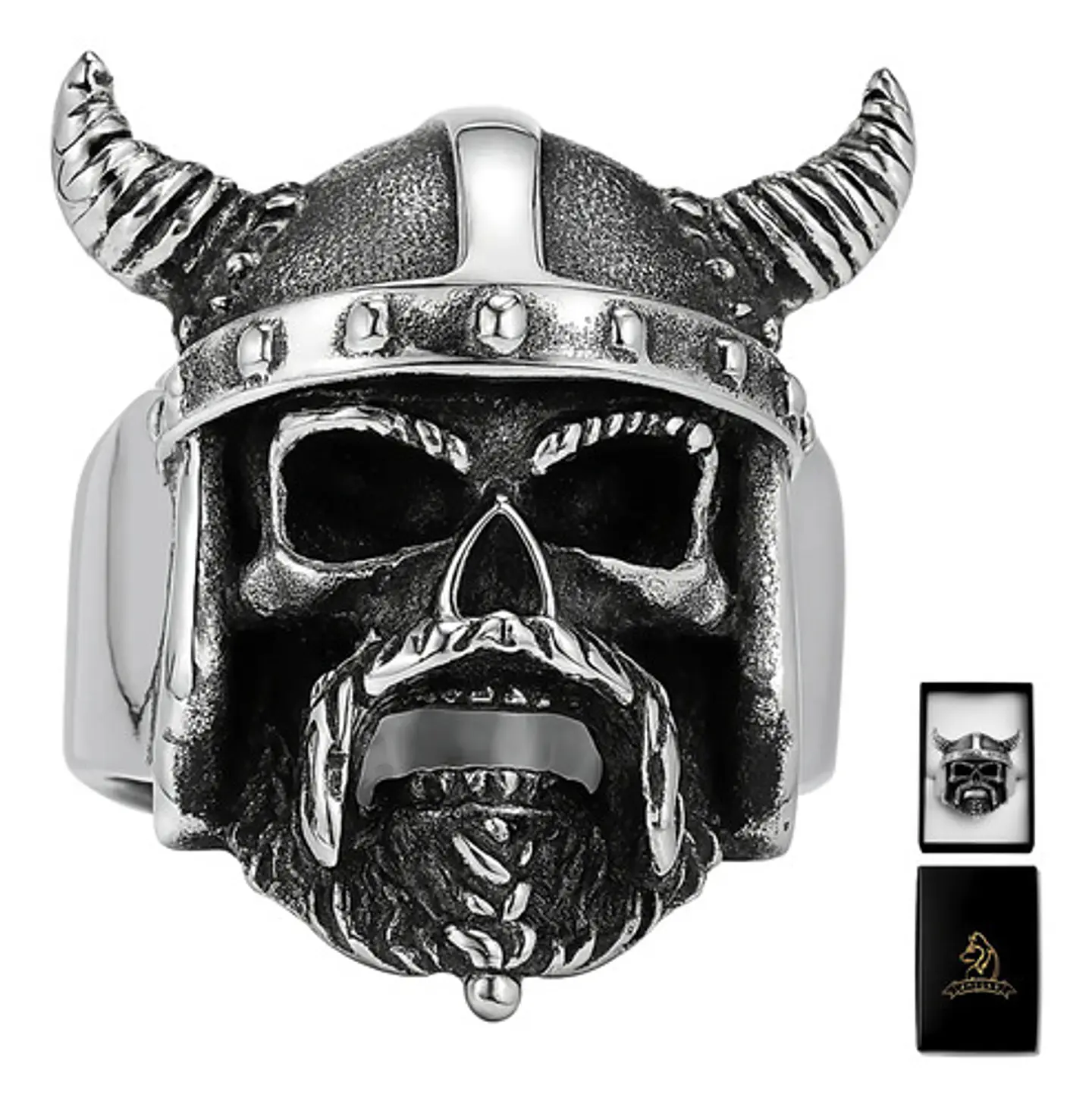 Anillo Para Hombre Cráneo Vikingo Cuernos Acero Color Plata 1