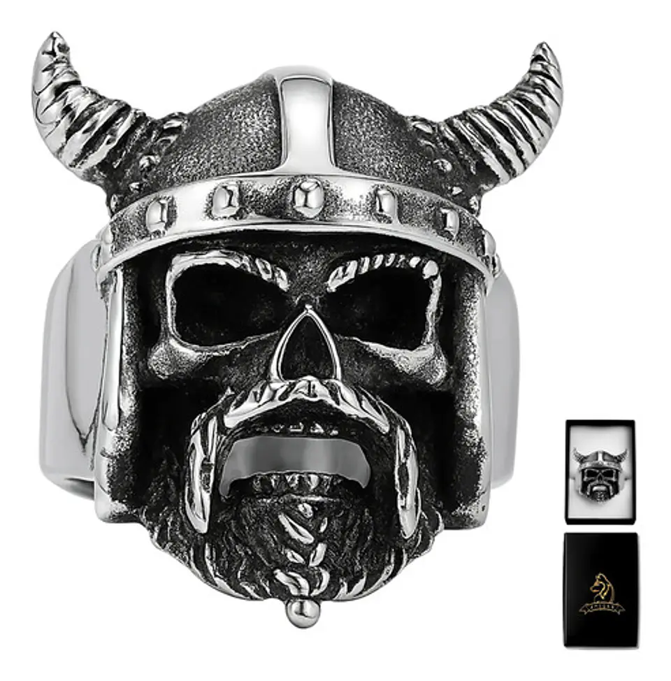 Anillo Para Hombre Cráneo Vikingo Cuernos Acero Color Plata 1