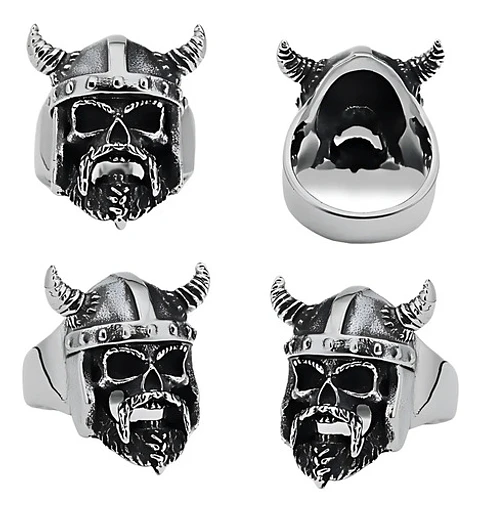 Anillo Para Hombre Cráneo Vikingo Cuernos Acero Color Plata