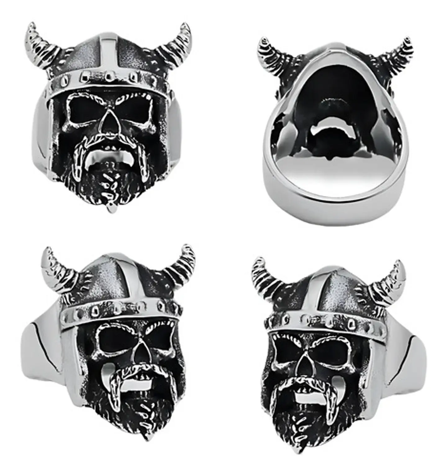 Anillo Para Hombre Cráneo Vikingo Cuernos Acero Color Plata 2