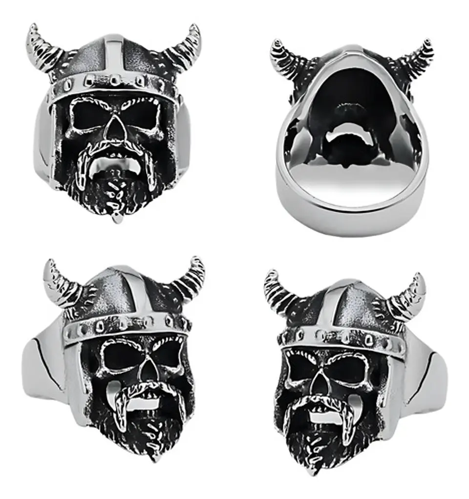 Anillo Para Hombre Cráneo Vikingo Cuernos Acero Color Plata 2