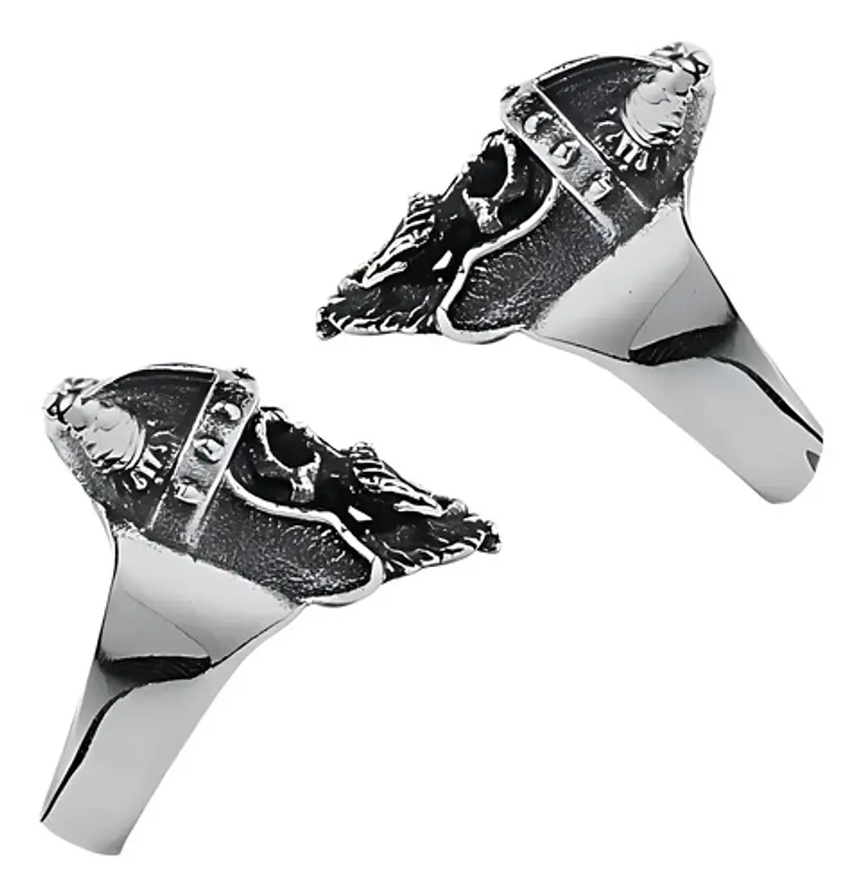 Anillo Para Hombre Cráneo Vikingo Cuernos Acero Color Plata 3