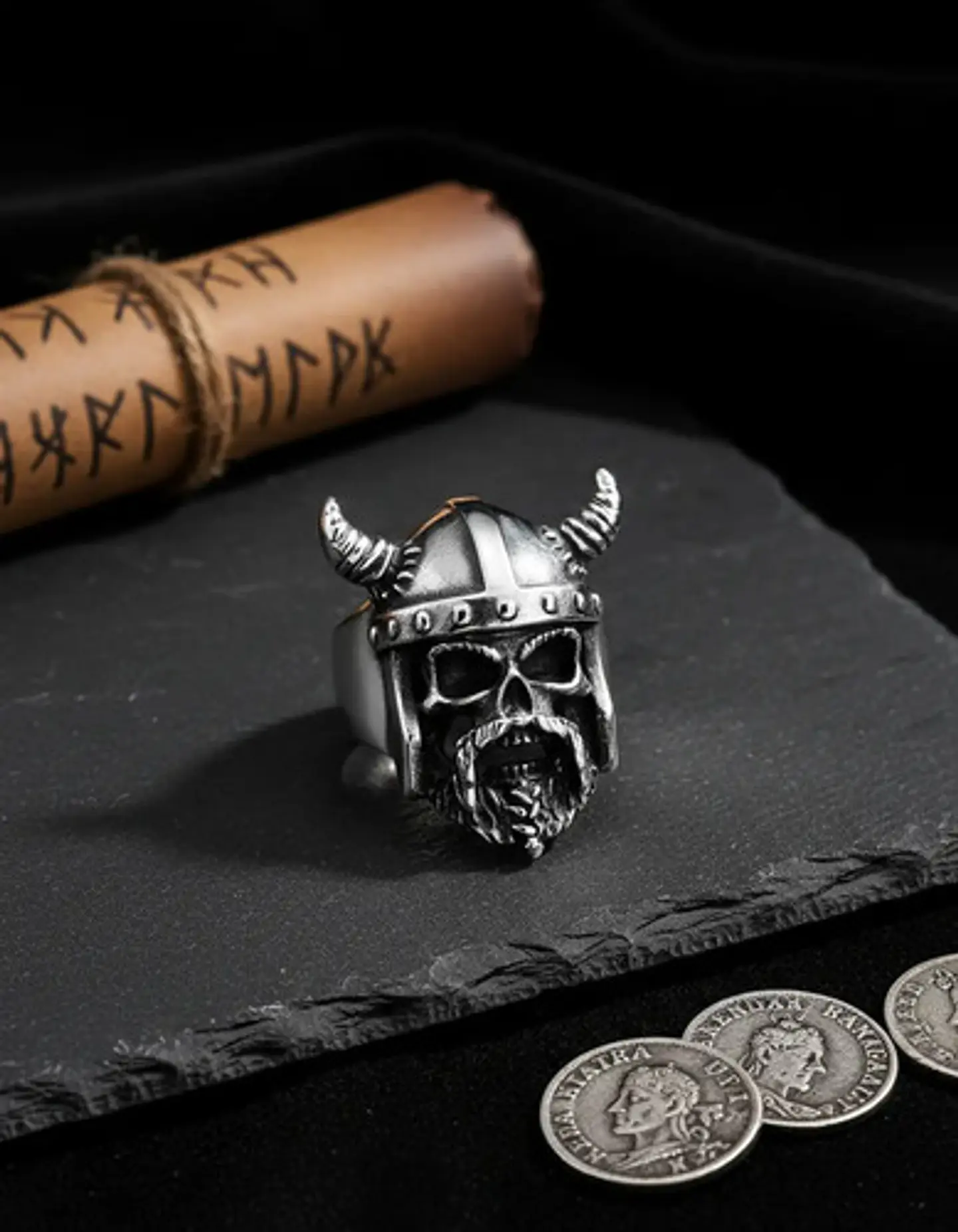 Anillo Para Hombre Cráneo Vikingo Cuernos Acero Color Plata 4
