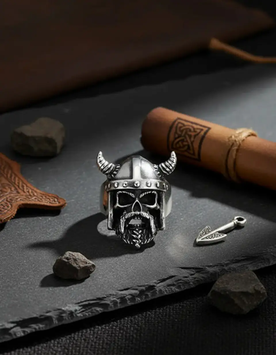 Anillo Para Hombre Cráneo Vikingo Cuernos Acero Color Plata 5