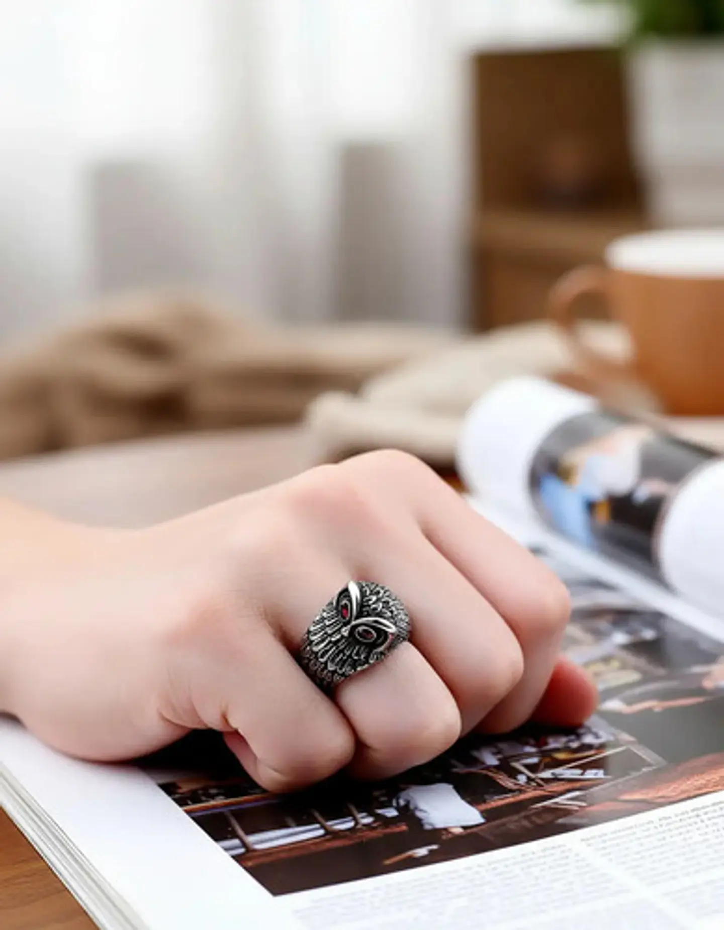 Anillo Forma De Buho De Acero Color Plata Para Hombre Mujer 2