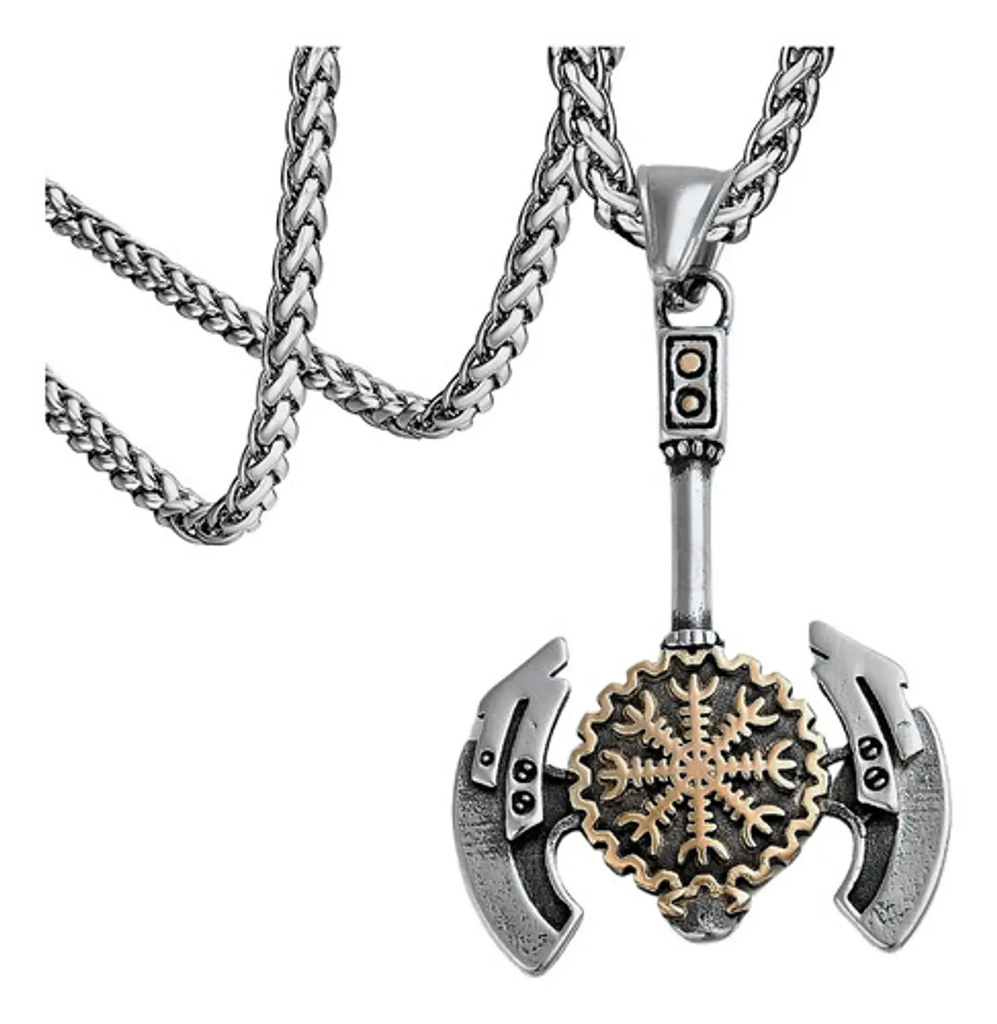 Collar Para Hombres Dije Hacha Vikingo Valknut Aegishjalmur Plateado 1